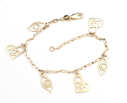 Złota bransoletka z zawieszkami oko i serce