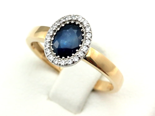 Złoty pierścionek z szafirem naturalnym i cyrkoniami