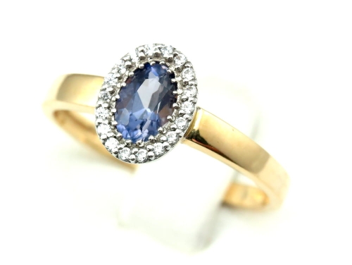 Złoty pierścionek z szafirem naturalnym i cyrkoniami