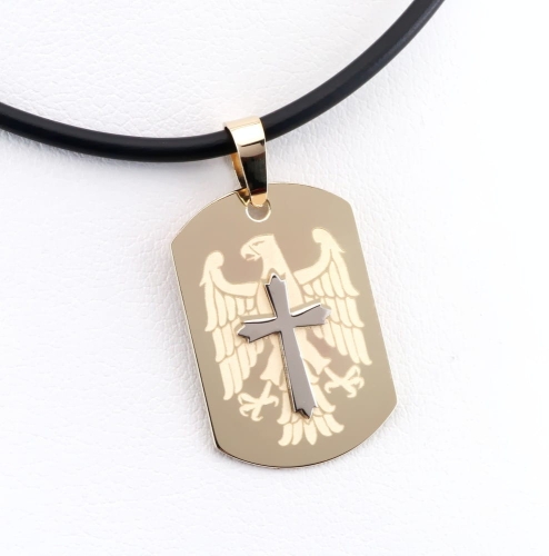 Złoty nieśmiertelnik z orłem i krzyżem z białego złota