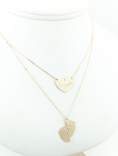 Złoty podwójny naszyjnik stopki i serduszko