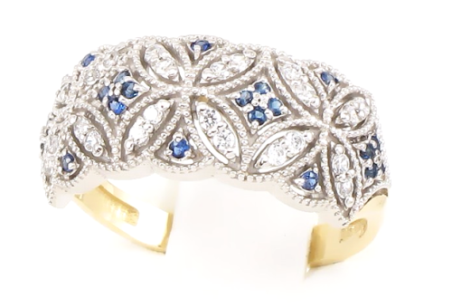 Złoty pierścionek z szafirami i cyrkoniami