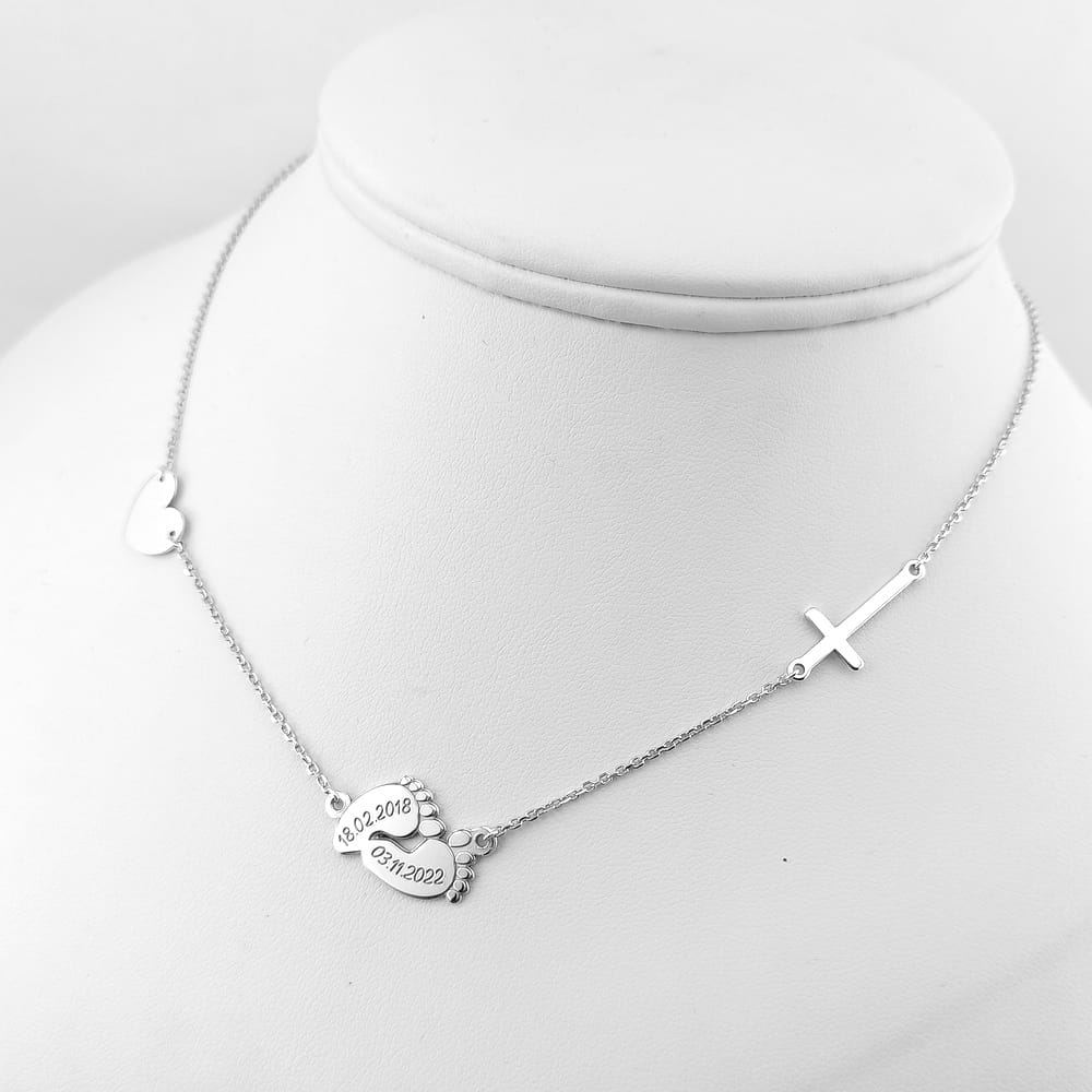 Srebrny naszyjnik stopki, krzyżyk, serduszko