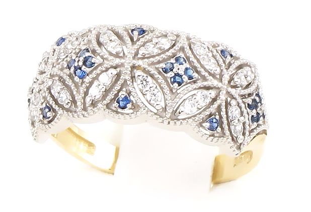 Złoty pierścionek z szafirami  i cyrkoniami